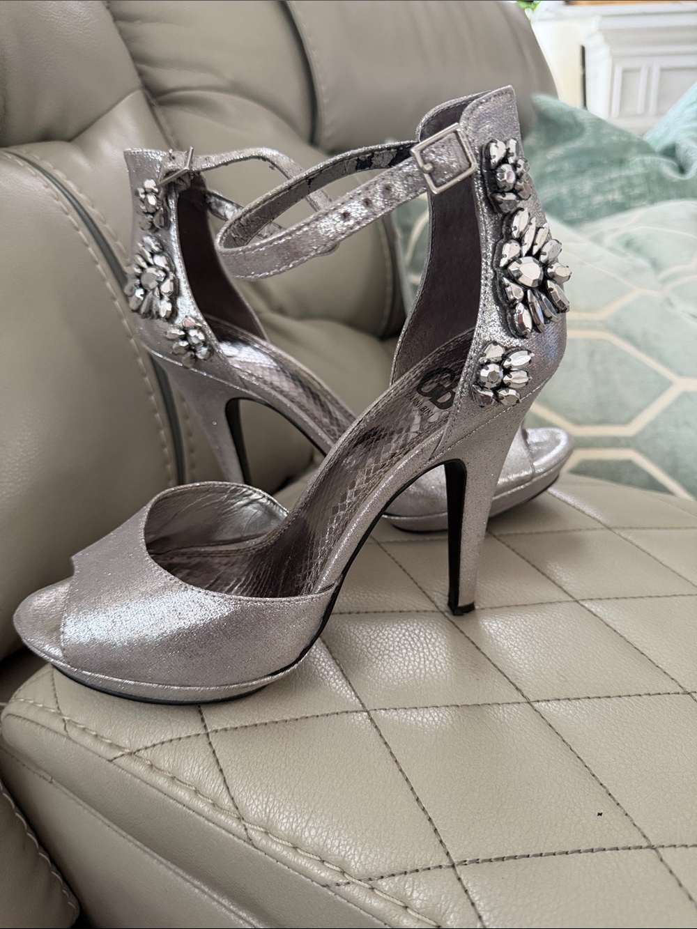 Gianni Bini Silver Jeweled Ankle-Strap Stiletto Heels